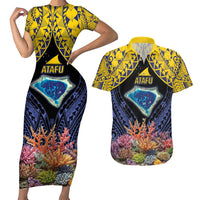 Tokelau Atafu Atoll Personalised Couples Matching Short Sleeve Bodycon Dress and Hawaiian Shirt Pacific Coral Reef Vibe LT9 Gold - Polynesian Pride