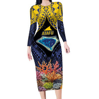 Tokelau Atafu Atoll Personalised Family Matching Long Sleeve Bodycon Dress and Hawaiian Shirt Pacific Coral Reef Vibe LT9 Mom's Dress Gold - Polynesian Pride