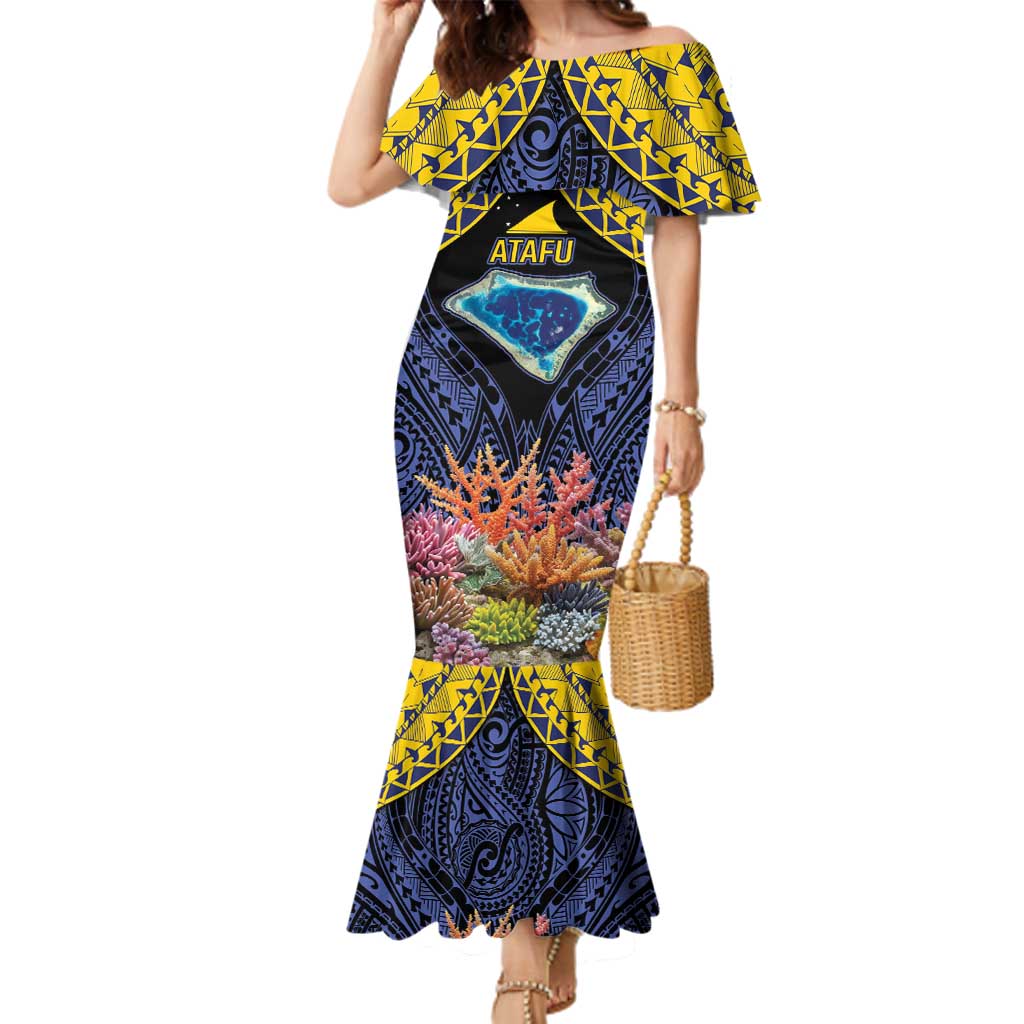 Tokelau Atafu Atoll Personalised Family Matching Mermaid Dress and Hawaiian Shirt Pacific Coral Reef Vibe LT9 Mom's Dress Gold - Polynesian Pride