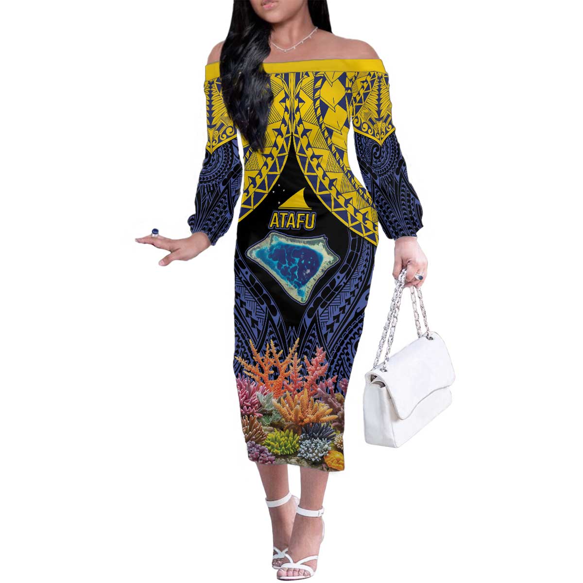 Tokelau Atafu Atoll Personalised Family Matching Off The Shoulder Long Sleeve Dress and Hawaiian Shirt Pacific Coral Reef Vibe LT9 Mom's Dress Gold - Polynesian Pride