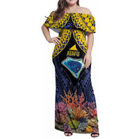 Tokelau Atafu Atoll Personalised Family Matching Off Shoulder Maxi Dress and Hawaiian Shirt Pacific Coral Reef Vibe LT9 Mom's Dress Gold - Polynesian Pride