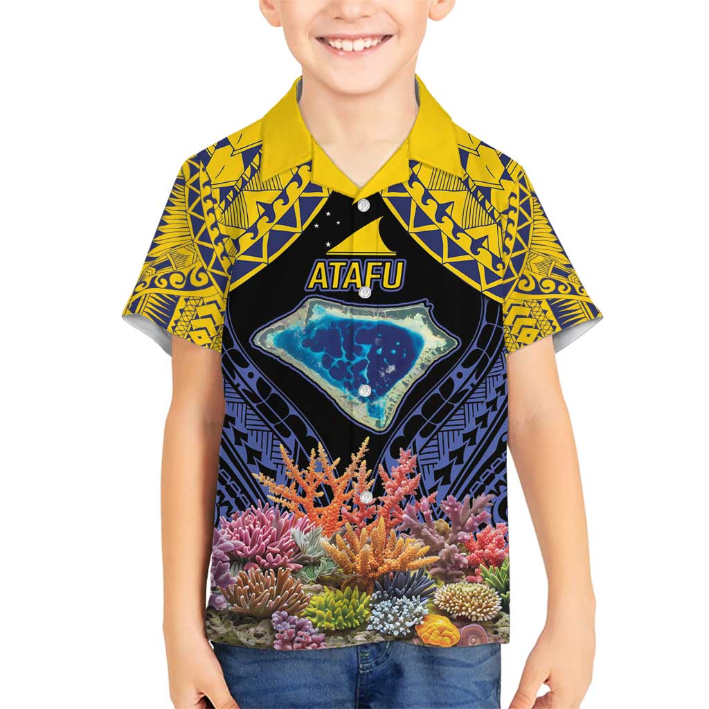 Tokelau Atafu Atoll Personalised Family Matching Off Shoulder Maxi Dress and Hawaiian Shirt Pacific Coral Reef Vibe LT9 Son's Shirt Gold - Polynesian Pride