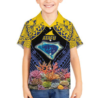 Tokelau Atafu Atoll Personalised Family Matching Off Shoulder Maxi Dress and Hawaiian Shirt Pacific Coral Reef Vibe LT9 Son's Shirt Gold - Polynesian Pride