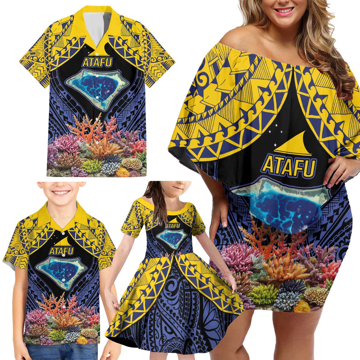 Tokelau Atafu Atoll Personalised Family Matching Off Shoulder Short Dress and Hawaiian Shirt Pacific Coral Reef Vibe LT9 - Polynesian Pride