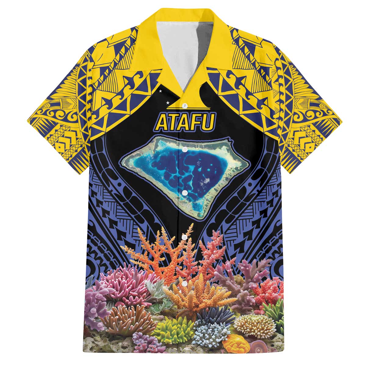 Tokelau Atafu Atoll Personalised Family Matching Off Shoulder Short Dress and Hawaiian Shirt Pacific Coral Reef Vibe LT9 Dad's Shirt - Short Sleeve Gold - Polynesian Pride