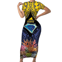 Tokelau Atafu Atoll Personalised Family Matching Short Sleeve Bodycon Dress and Hawaiian Shirt Pacific Coral Reef Vibe LT9 Mom's Dress Gold - Polynesian Pride