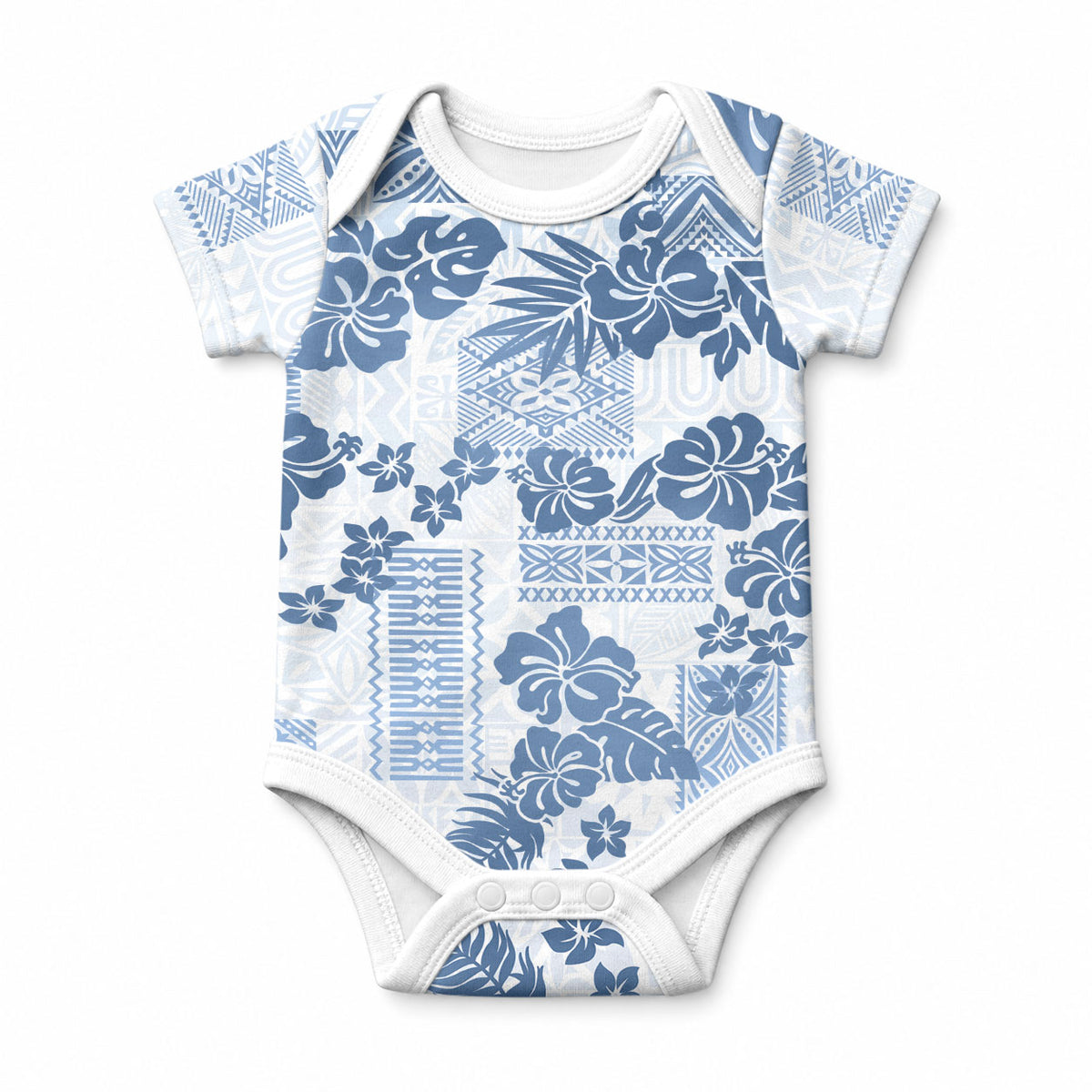 Vintage Hawaii Baby Onesie Hibiscus Tapa Tribal With Hawaiian Quilt Pattern Blue