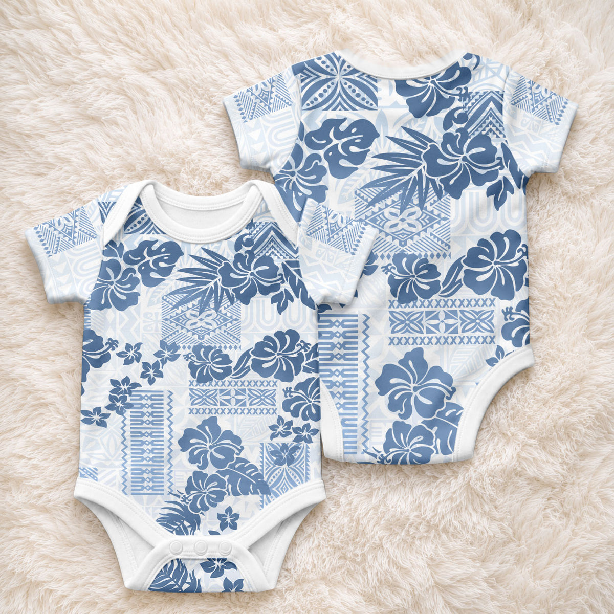 Vintage Hawaii Baby Onesie Hibiscus Tapa Tribal With Hawaiian Quilt Pattern Blue