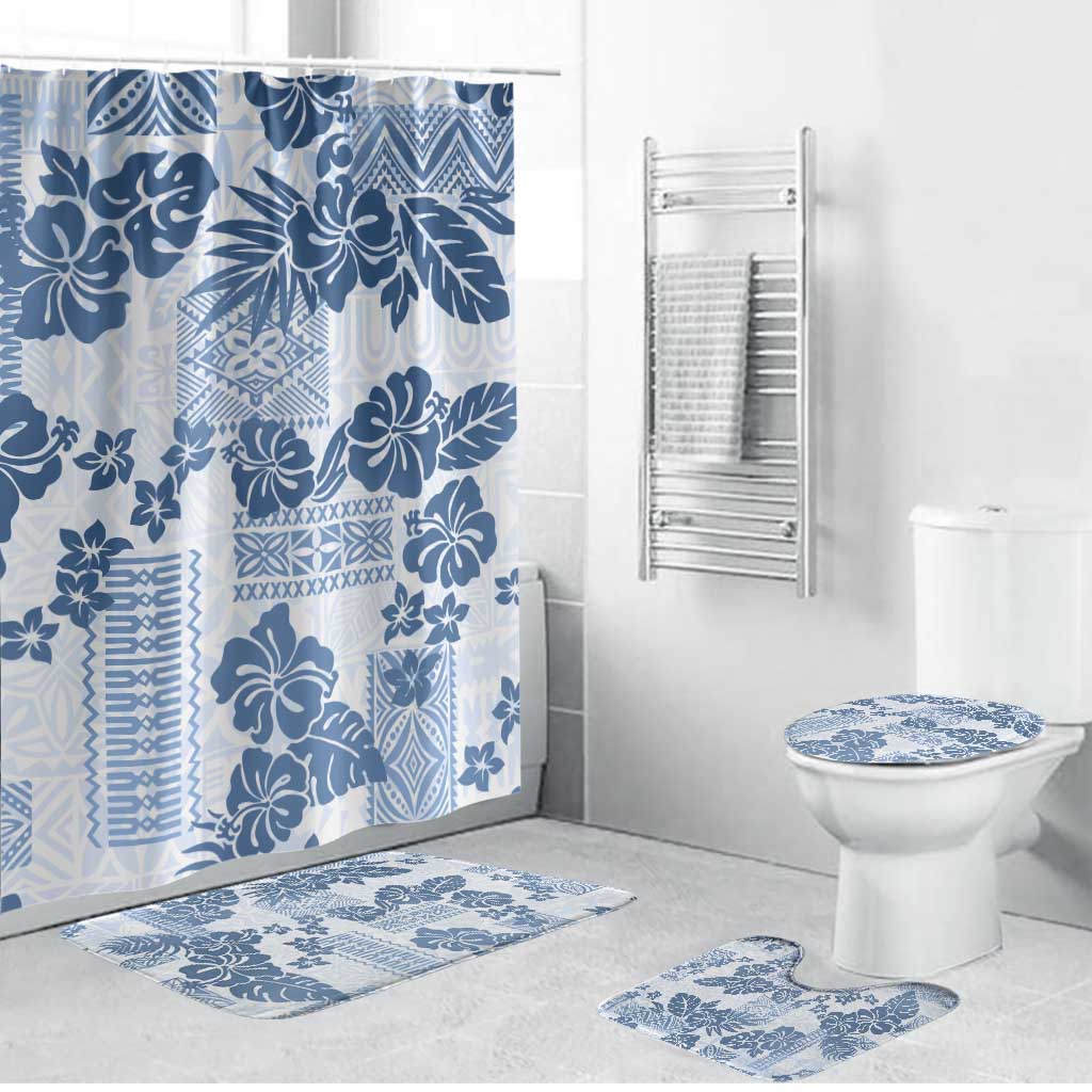 Vintage Hawaii Bathroom Set Hibiscus Tapa Tribal With Hawaiian Quilt Pattern Blue LT9 Bathroom Set (4 pcs) Blue - Polynesian Pride