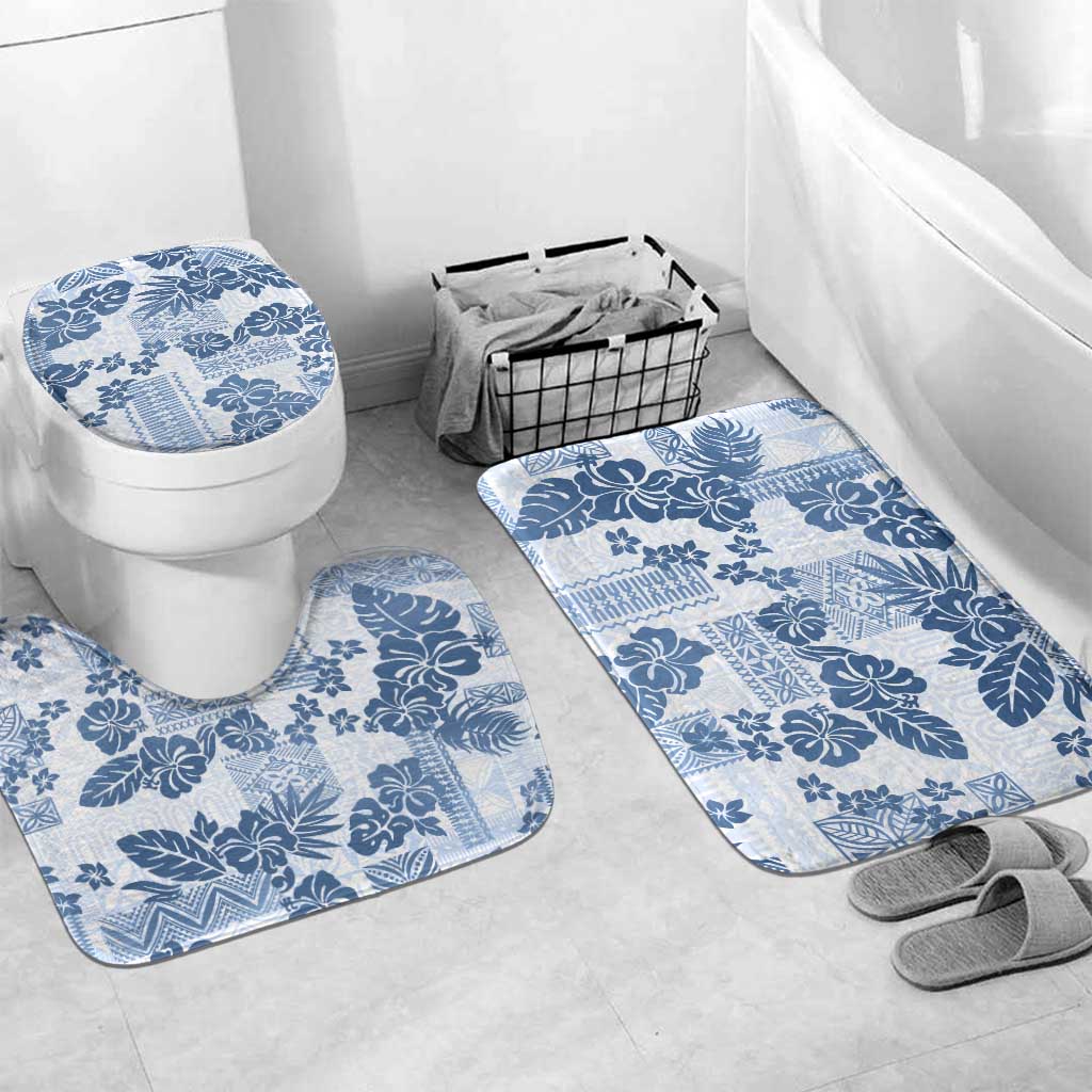 Vintage Hawaii Bathroom Set Hibiscus Tapa Tribal With Hawaiian Quilt Pattern Blue LT9 Mat Set Only (3 pcs) One Size Blue - Polynesian Pride
