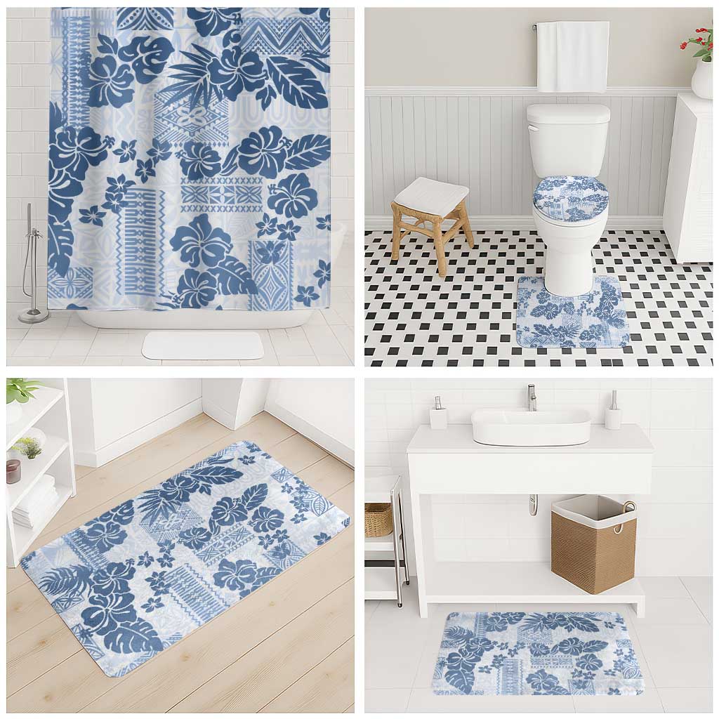 Vintage Hawaii Bathroom Set Hibiscus Tapa Tribal With Hawaiian Quilt Pattern Blue LT9 - Polynesian Pride
