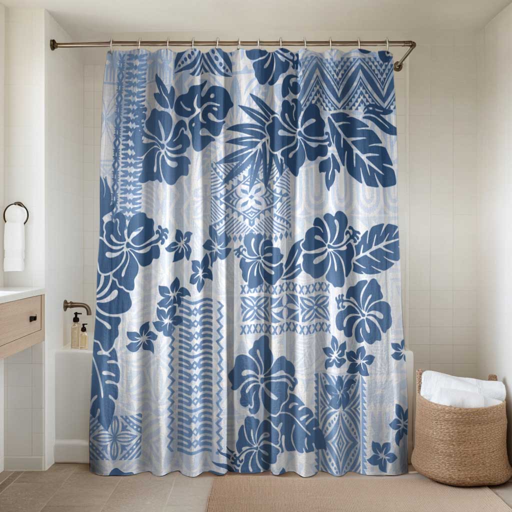 Vintage Hawaii Bathroom Set Hibiscus Tapa Tribal With Hawaiian Quilt Pattern Blue LT9 Shower Curtain Only Blue - Polynesian Pride