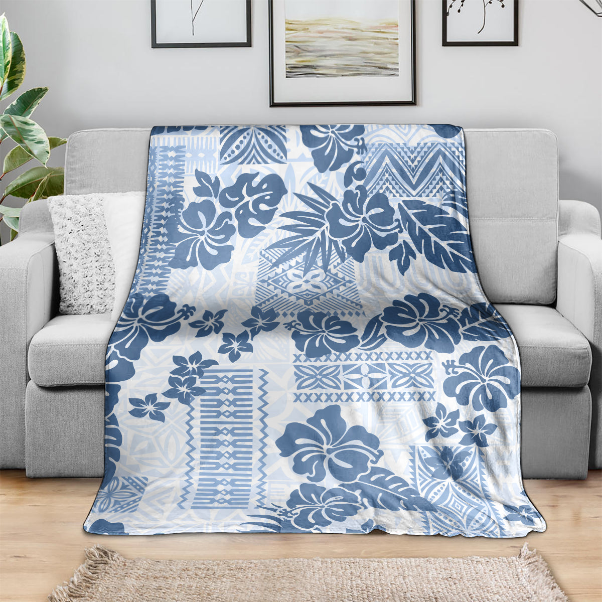 Vintage Hawaii Blanket Hibiscus Tapa Tribal With Hawaiian Quilt Pattern Blue LT9 - Polynesian Pride