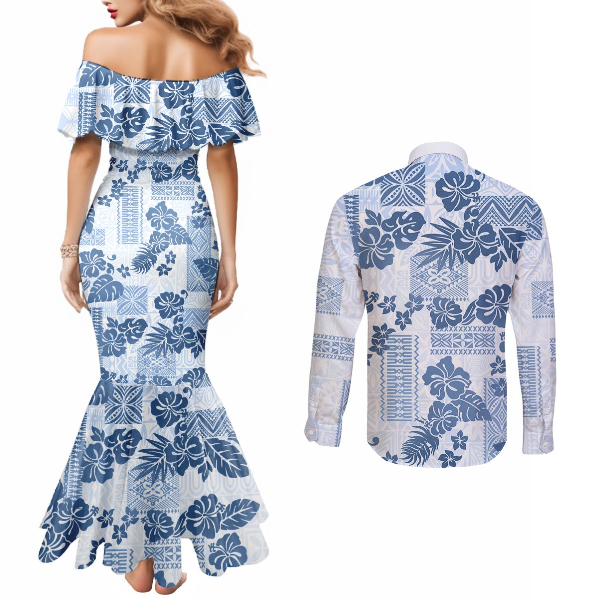 Vintage Hawaii Couples Matching Mermaid Dress and Long Sleeve Button Shirt Hibiscus Tapa Tribal With Hawaiian Quilt Pattern Blue LT9 - Polynesian Pride