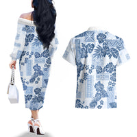 Vintage Hawaii Couples Matching Off The Shoulder Long Sleeve Dress and Hawaiian Shirt Hibiscus Tapa Tribal With Hawaiian Quilt Pattern Blue LT9 - Polynesian Pride
