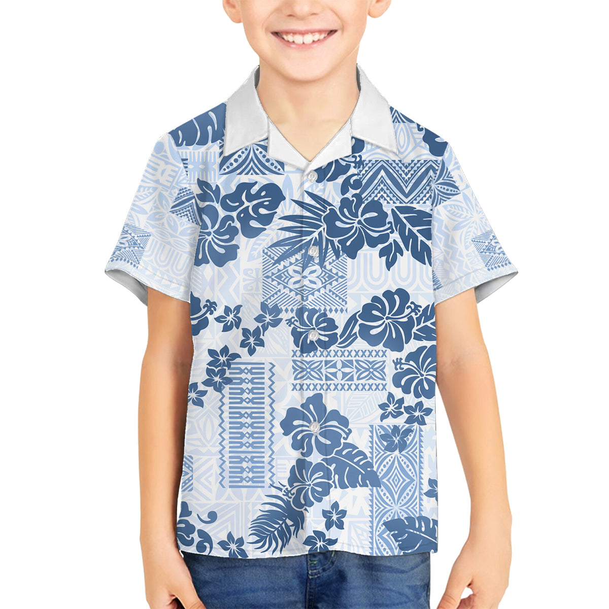 Vintage Hawaii Family Matching Long Sleeve Bodycon Dress and Hawaiian Shirt Hibiscus Tapa Tribal With Hawaiian Quilt Pattern Blue LT9 Son's Shirt Blue - Polynesian Pride