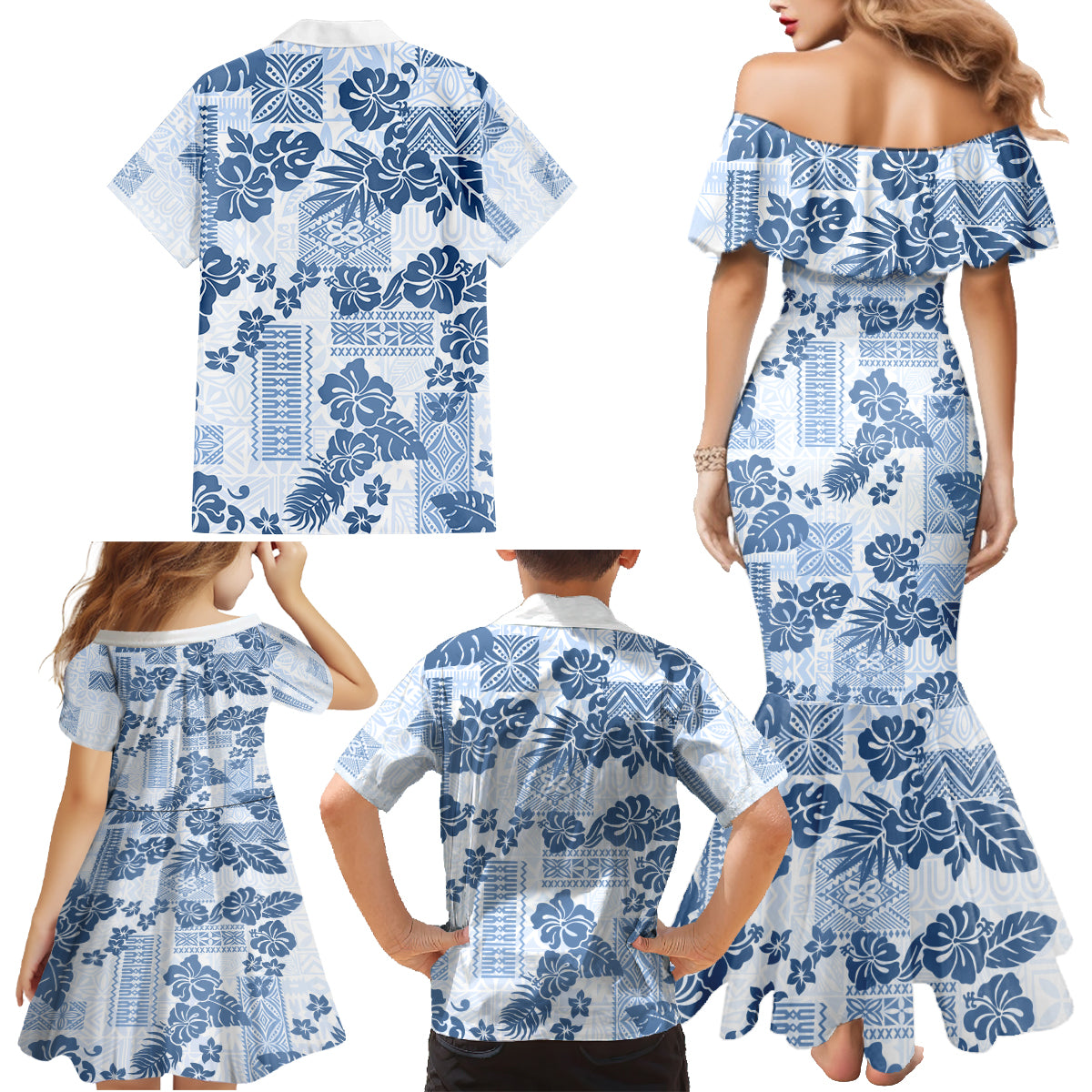 Vintage Hawaii Family Matching Mermaid Dress and Hawaiian Shirt Hibiscus Tapa Tribal With Hawaiian Quilt Pattern Blue LT9 - Polynesian Pride