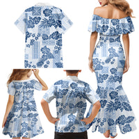 Vintage Hawaii Family Matching Mermaid Dress and Hawaiian Shirt Hibiscus Tapa Tribal With Hawaiian Quilt Pattern Blue LT9 - Polynesian Pride