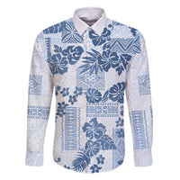 Vintage Hawaii Family Matching Off Shoulder Long Sleeve Dress and Hawaiian Shirt Hibiscus Tapa Tribal With Hawaiian Quilt Pattern Blue LT9 Dad's Shirt - Long Sleeve Blue - Polynesian Pride