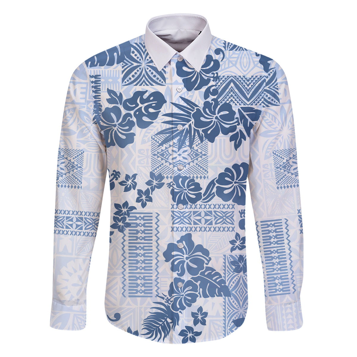 Vintage Hawaii Family Matching Off Shoulder Maxi Dress and Hawaiian Shirt Hibiscus Tapa Tribal With Hawaiian Quilt Pattern Blue LT9 Dad's Shirt - Long Sleeve Blue - Polynesian Pride
