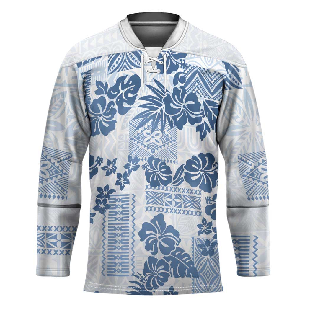 Vintage Hawaii Hockey Jersey Hibiscus Tapa Tribal With Hawaiian Quilt Pattern Blue - Polynesian Pride