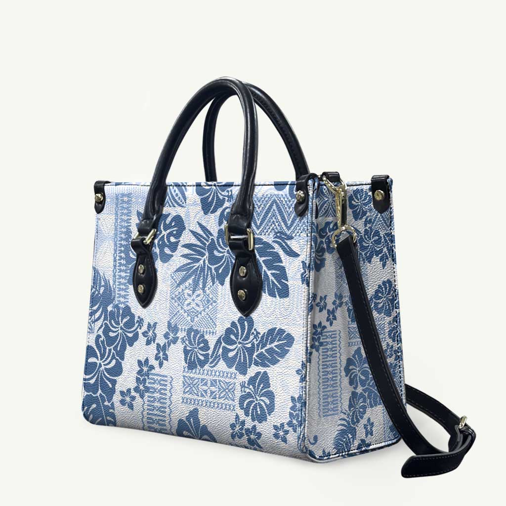 Vintage Hawaii Leather Bag Hibiscus Tapa Tribal With Hawaiian Quilt Pattern Blue - Polynesian Pride
