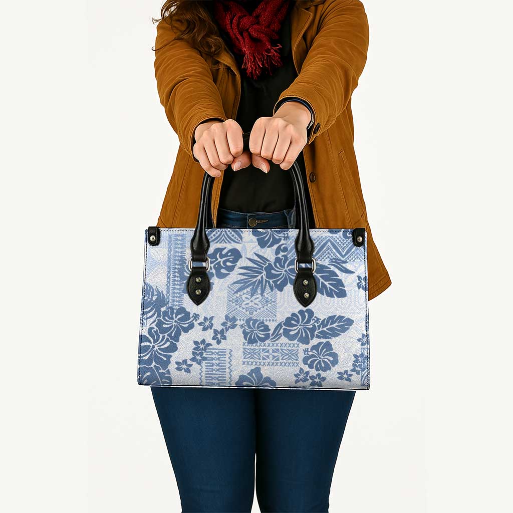 Vintage Hawaii Leather Bag Hibiscus Tapa Tribal With Hawaiian Quilt Pattern Blue - Polynesian Pride