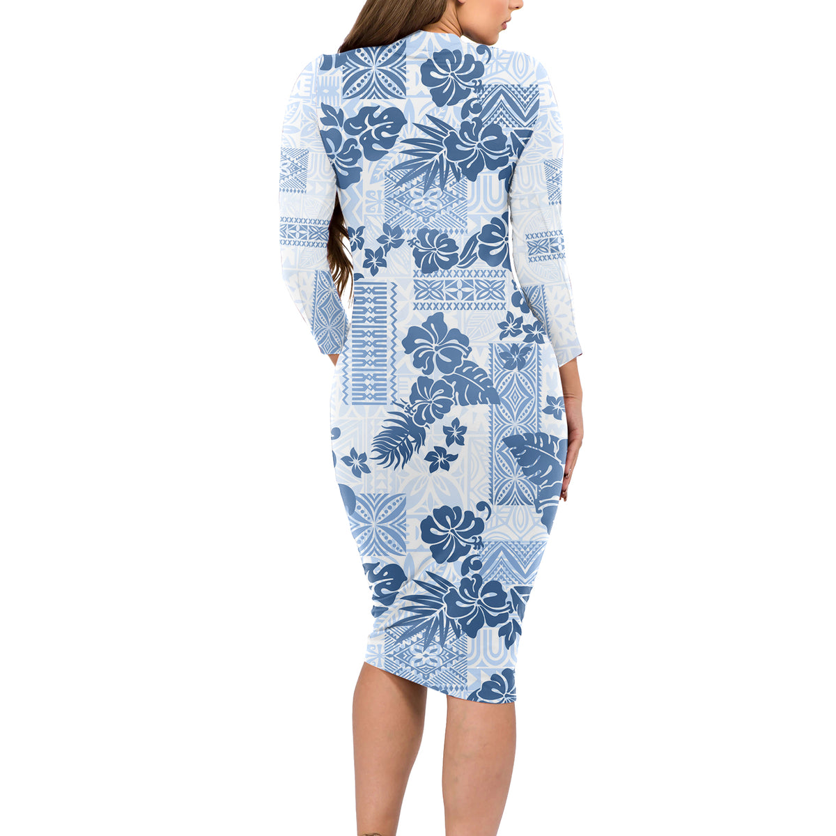 Vintage Hawaii Long Sleeve Bodycon Dress Hibiscus Tapa Tribal With Hawaiian Quilt Pattern Blue LT9 - Polynesian Pride