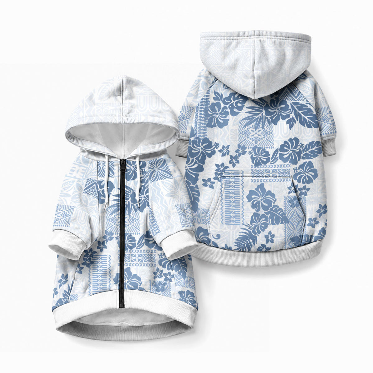 Vintage Hawaii Pet Hoodie Hibiscus Tapa Tribal With Hawaiian Quilt Pattern Blue