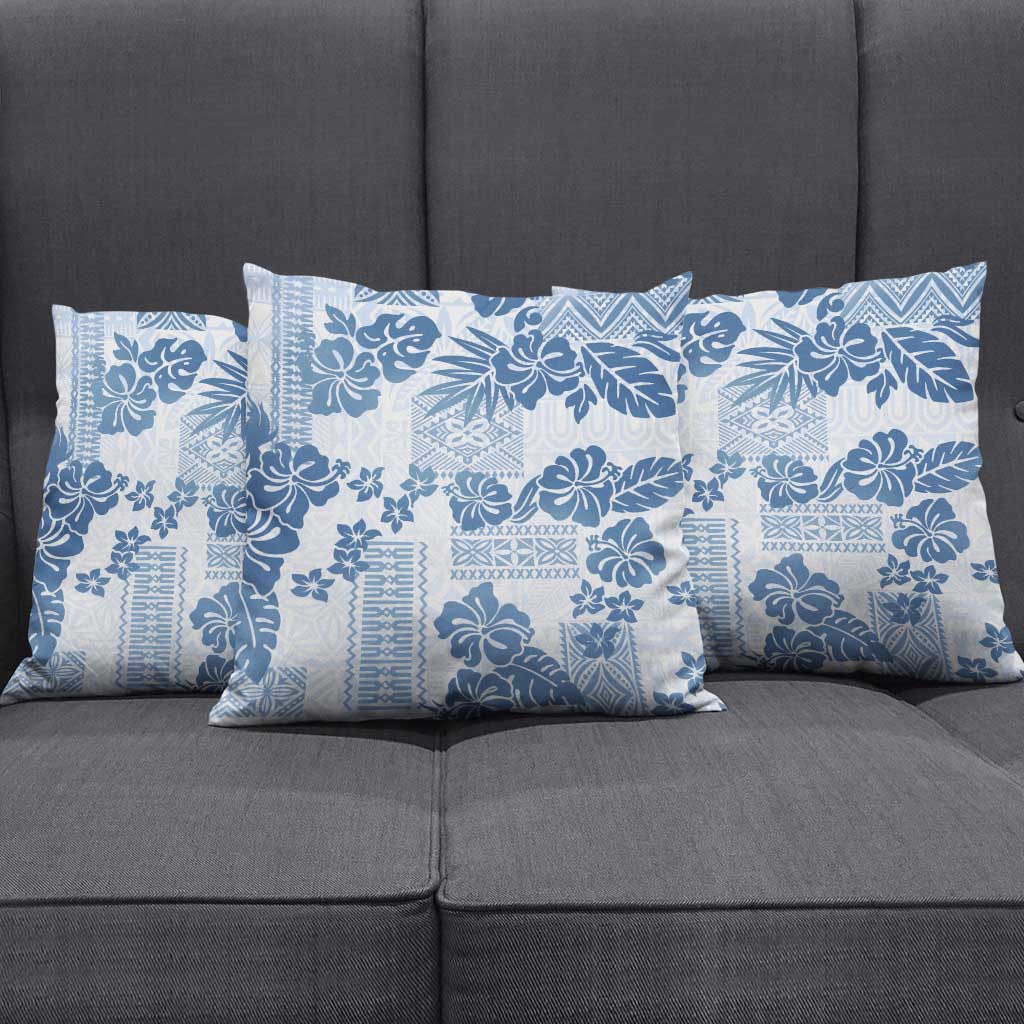 Vintage Hawaii Pillow Cover Hibiscus Tapa Tribal With Hawaiian Quilt Pattern Blue - Polynesian Pride
