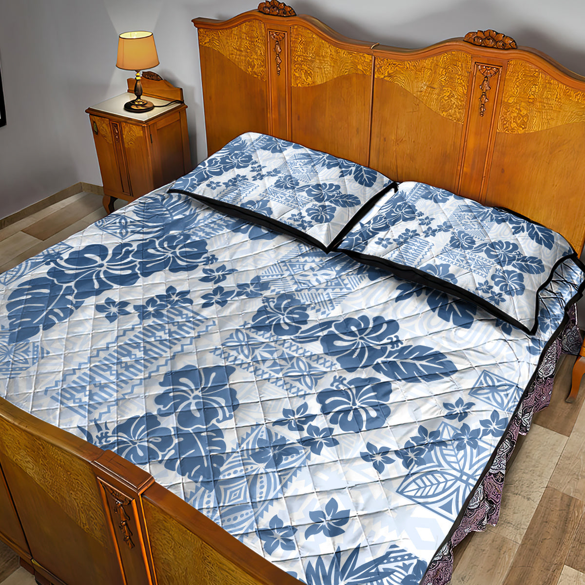 Vintage Hawaii Quilt Bed Set Hibiscus Tapa Tribal With Hawaiian Quilt Pattern Blue LT9 - Polynesian Pride