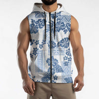 Vintage Hawaii Sleeveless Zip Hoodie Hibiscus Tapa Tribal With Hawaiian Quilt Pattern Blue LT9 - Polynesian Pride