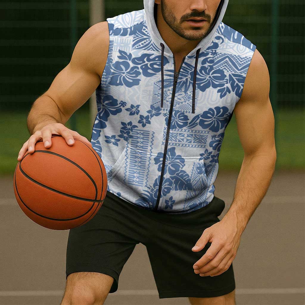 Vintage Hawaii Sleeveless Zip Hoodie Hibiscus Tapa Tribal With Hawaiian Quilt Pattern Blue LT9 - Polynesian Pride
