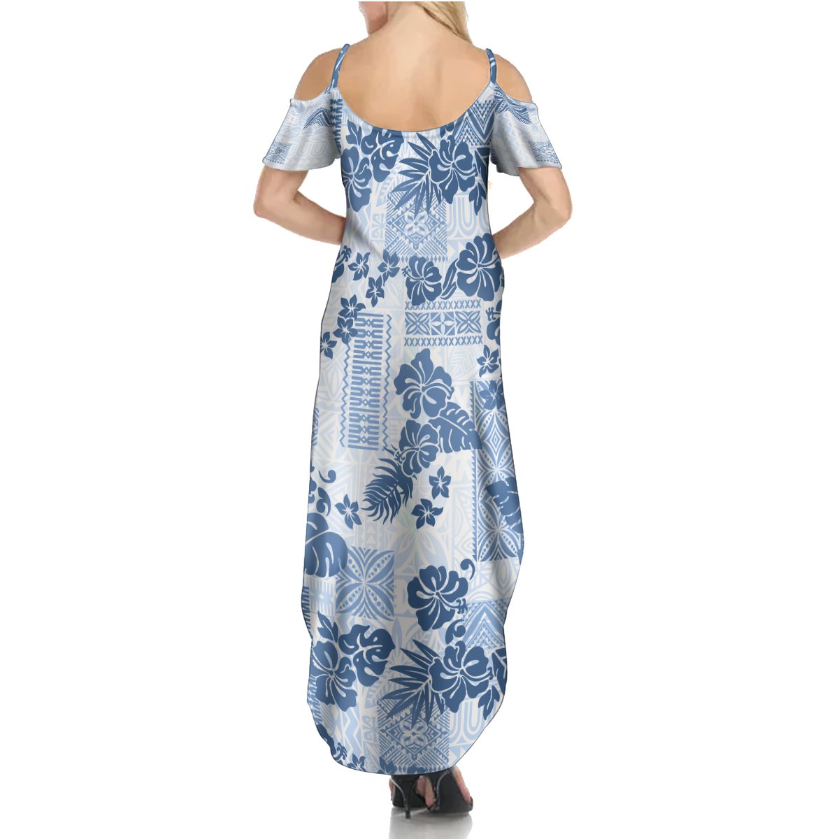 Vintage Hawaii Summer Maxi Dress Hibiscus Tapa Tribal With Hawaiian Quilt Pattern Blue LT9 - Polynesian Pride