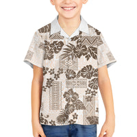 Vintage Hawaii Family Matching Off Shoulder Long Sleeve Dress and Hawaiian Shirt Hibiscus Tapa Tribal With Hawaiian Quilt Pattern Gold LT9 Son's Shirt Gold - Polynesian Pride