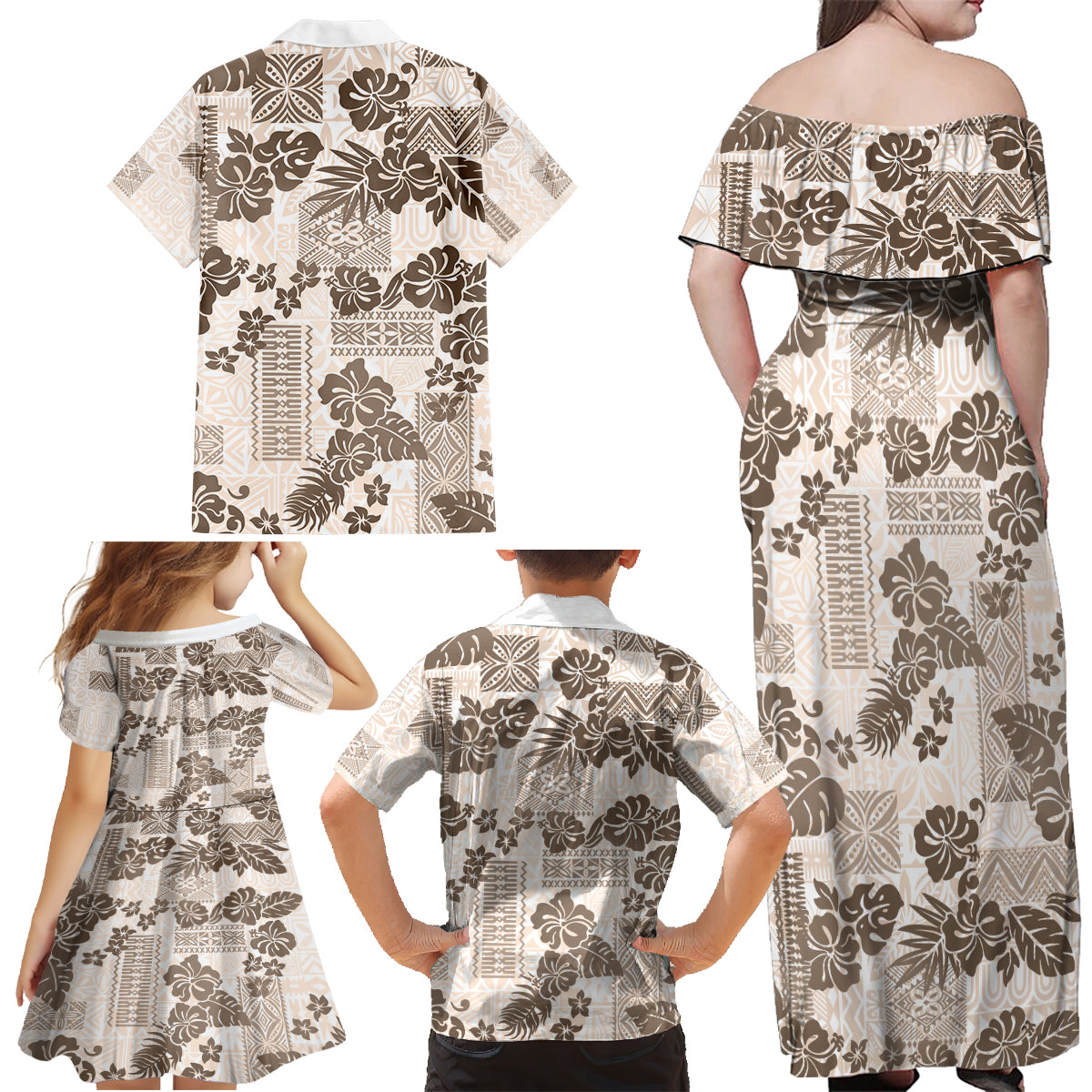 Vintage Hawaii Family Matching Off Shoulder Maxi Dress and Hawaiian Shirt Hibiscus Tapa Tribal With Hawaiian Quilt Pattern Gold LT9 - Polynesian Pride