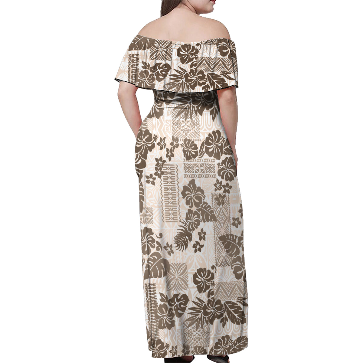 Vintage Hawaii Family Matching Off Shoulder Maxi Dress and Hawaiian Shirt Hibiscus Tapa Tribal With Hawaiian Quilt Pattern Gold LT9 - Polynesian Pride