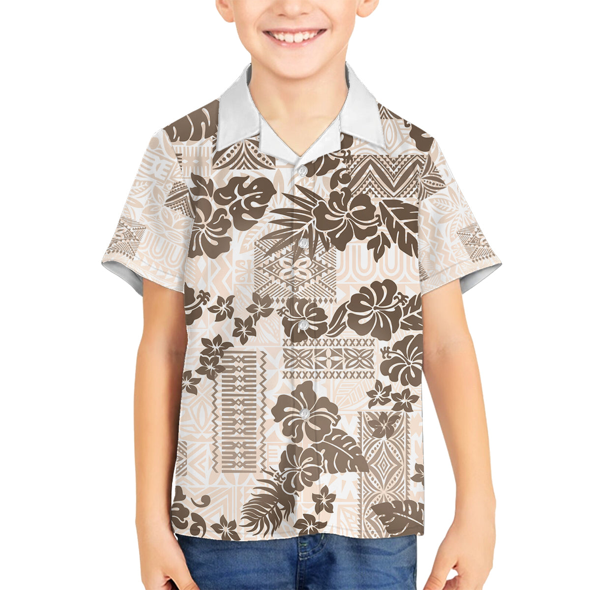 Vintage Hawaii Family Matching Off Shoulder Maxi Dress and Hawaiian Shirt Hibiscus Tapa Tribal With Hawaiian Quilt Pattern Gold LT9 Son's Shirt Gold - Polynesian Pride