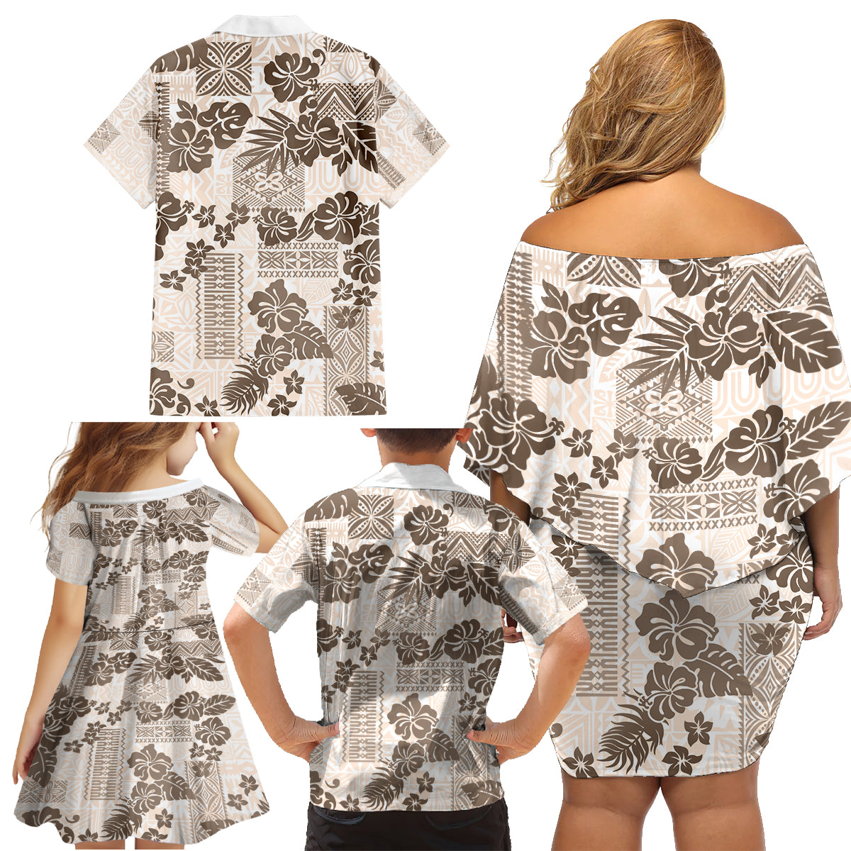 Vintage Hawaii Family Matching Off Shoulder Short Dress and Hawaiian Shirt Hibiscus Tapa Tribal With Hawaiian Quilt Pattern Gold LT9 - Polynesian Pride