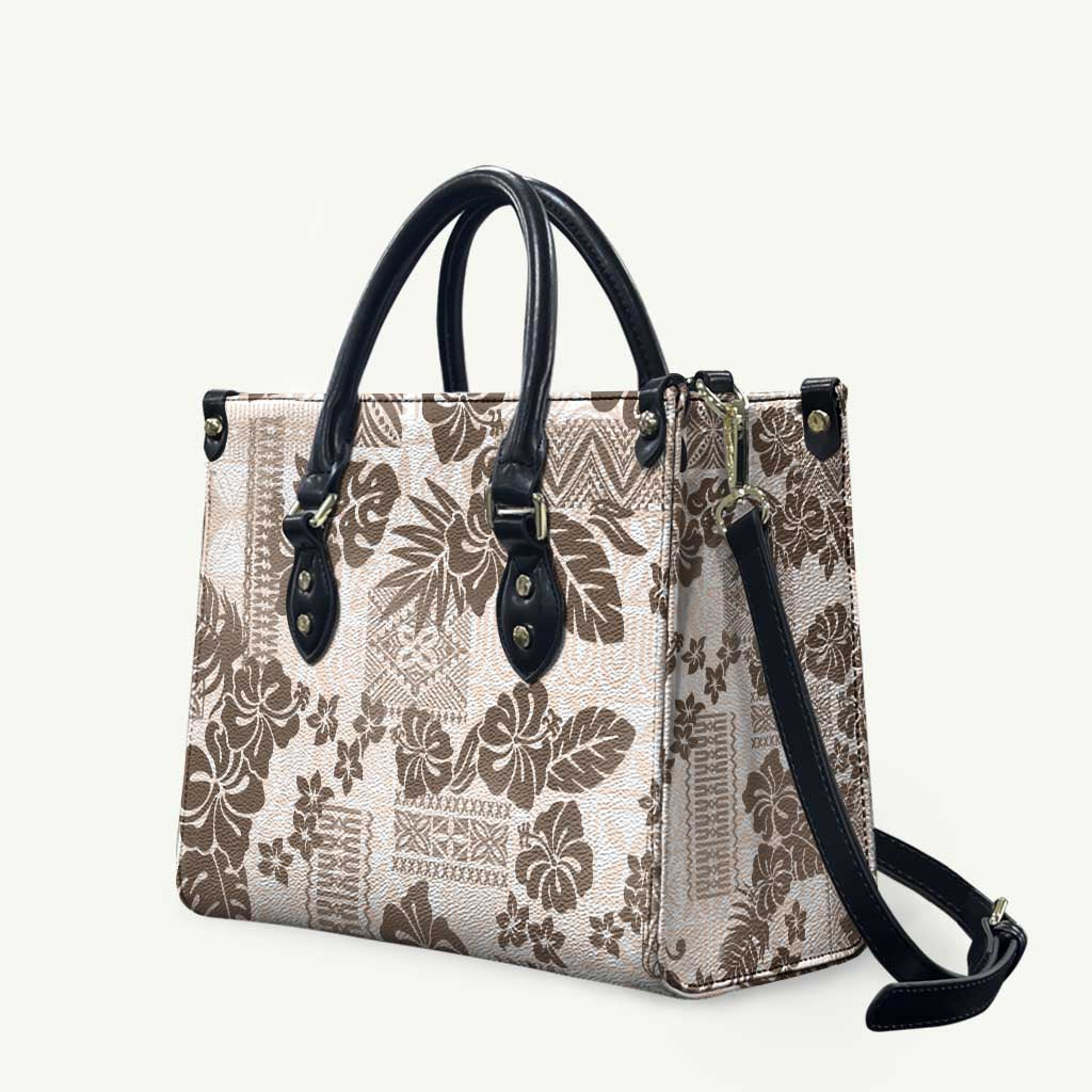 Vintage Hawaii Leather Bag Hibiscus Tapa Tribal With Hawaiian Quilt Pattern Gold - Polynesian Pride