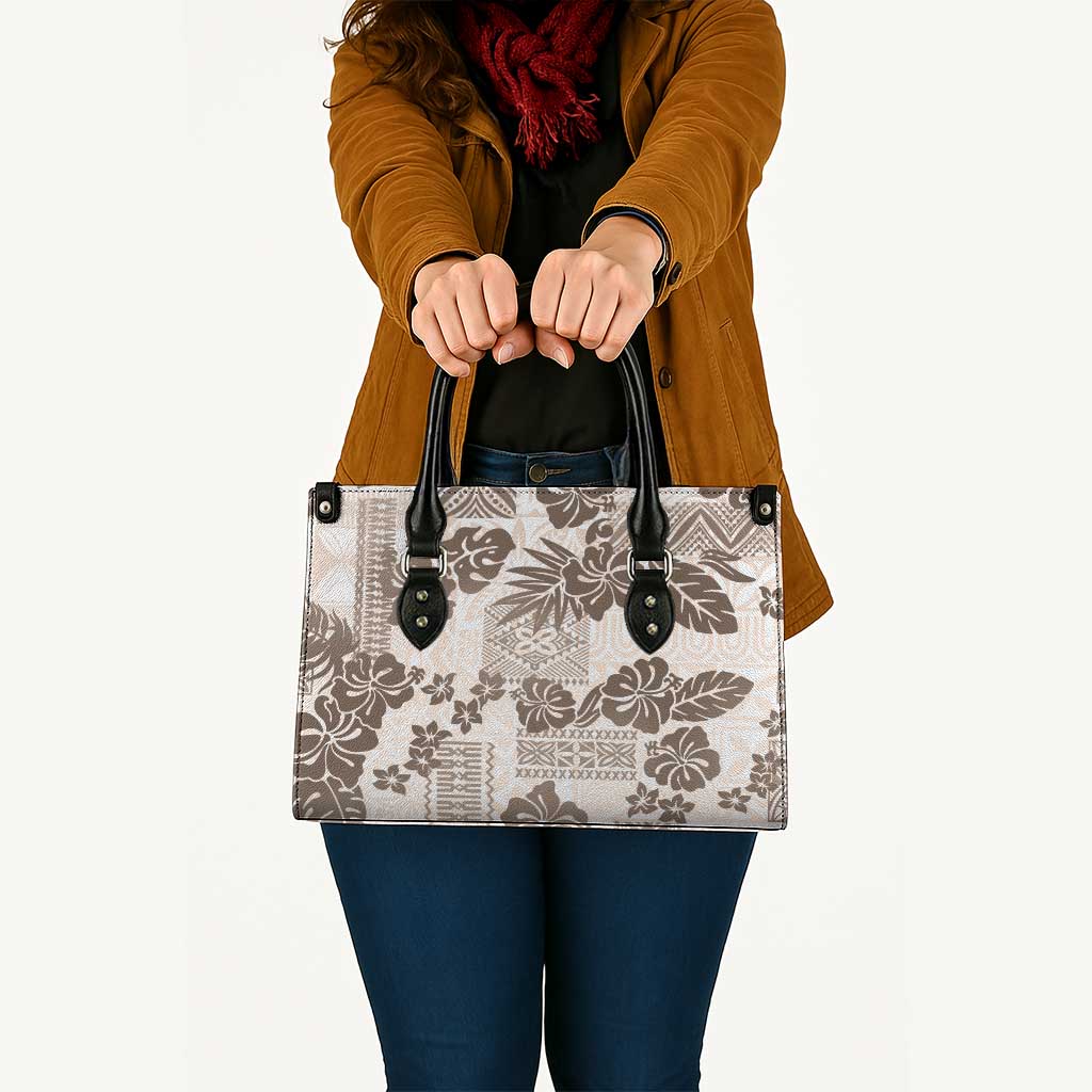 Vintage Hawaii Leather Bag Hibiscus Tapa Tribal With Hawaiian Quilt Pattern Gold - Polynesian Pride