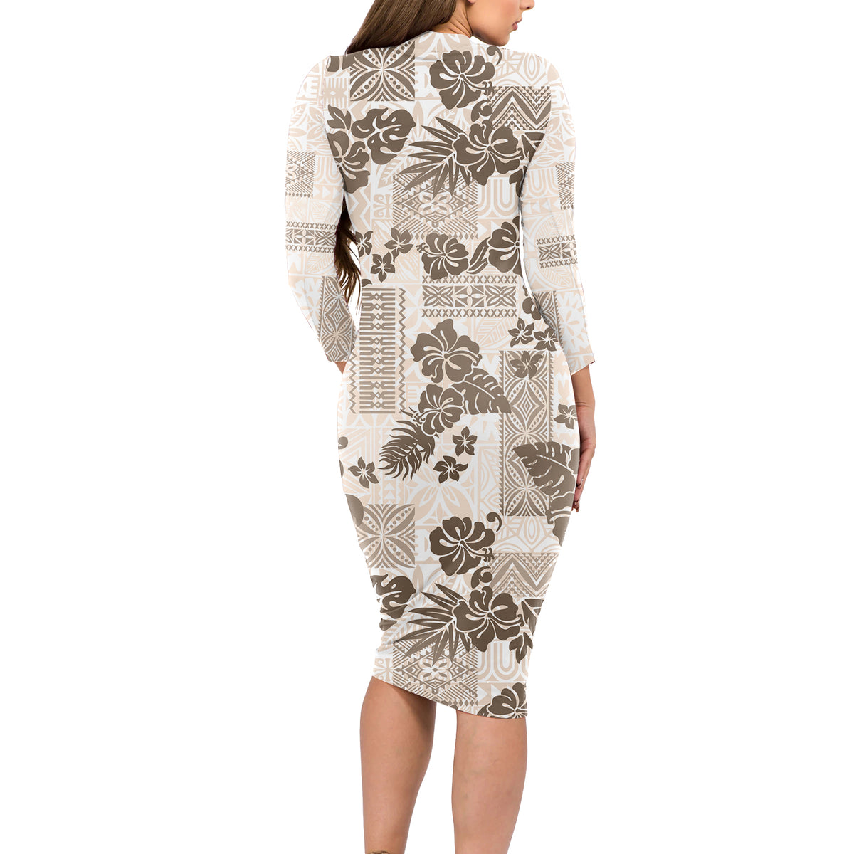 Vintage Hawaii Long Sleeve Bodycon Dress Hibiscus Tapa Tribal With Hawaiian Quilt Pattern Gold LT9 - Polynesian Pride