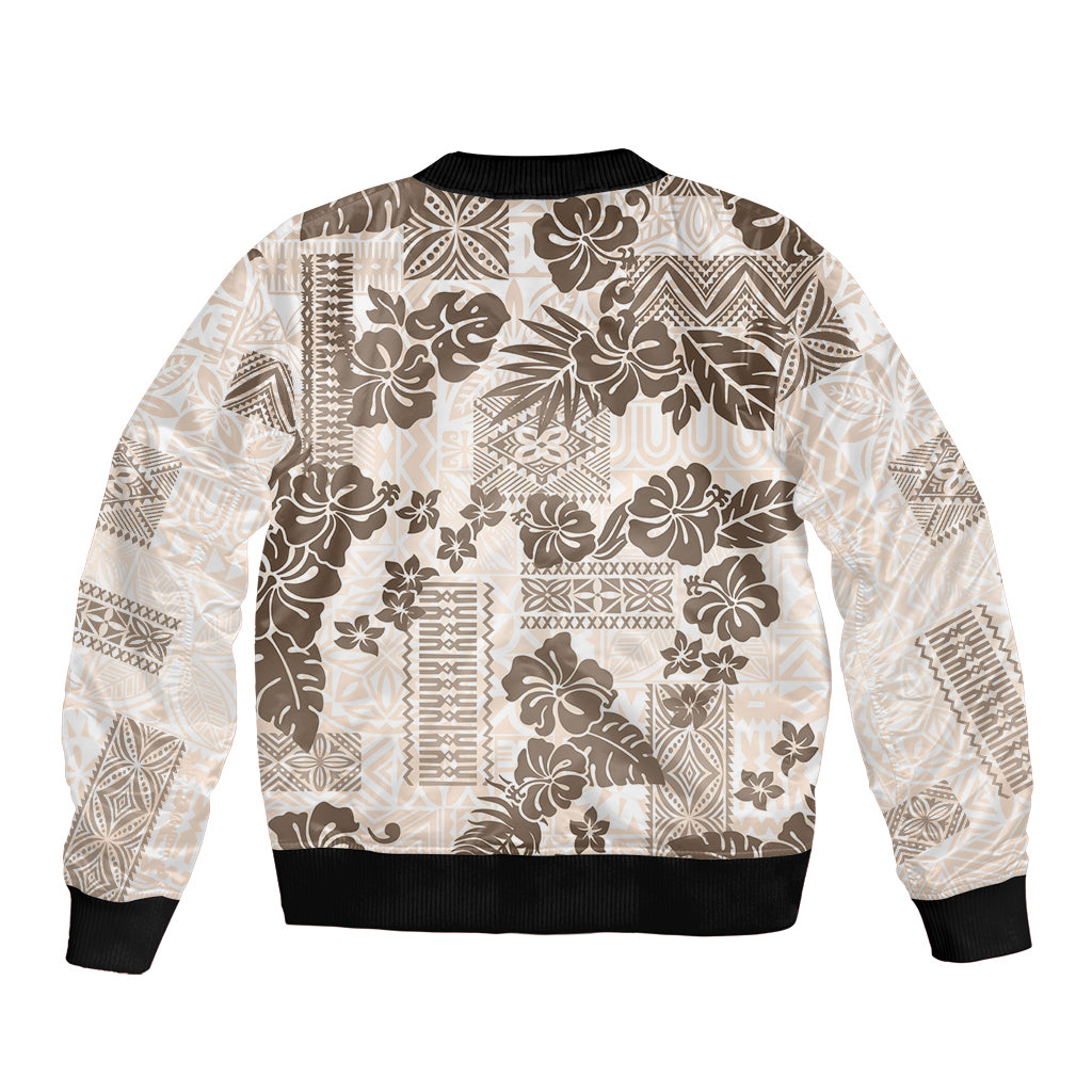 Vintage Hawaii Sleeve Zip Bomber Jacket Hibiscus Tapa Tribal With Hawaiian Quilt Pattern Gold LT9 - Polynesian Pride