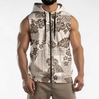 Vintage Hawaii Sleeveless Zip Hoodie Hibiscus Tapa Tribal With Hawaiian Quilt Pattern Gold LT9 - Polynesian Pride