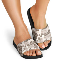 Vintage Hawaii Slide Sandals Hibiscus Tapa Tribal With Hawaiian Quilt Pattern Gold - Polynesian Pride