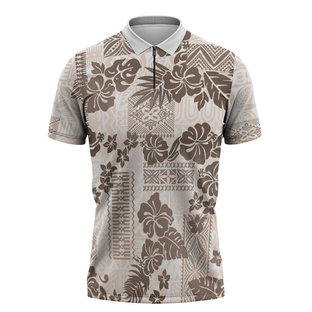 Vintage Hawaii Zipper Polo Shirt Hibiscus Tapa Tribal With Hawaiian Quilt Pattern Gold LT9 Gold - Polynesian Pride