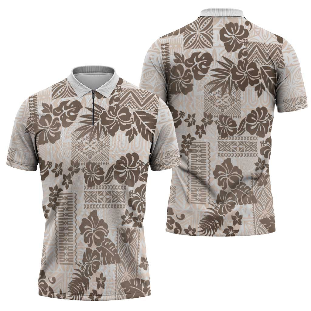 Vintage Hawaii Zipper Polo Shirt Hibiscus Tapa Tribal With Hawaiian Quilt Pattern Gold LT9 - Polynesian Pride