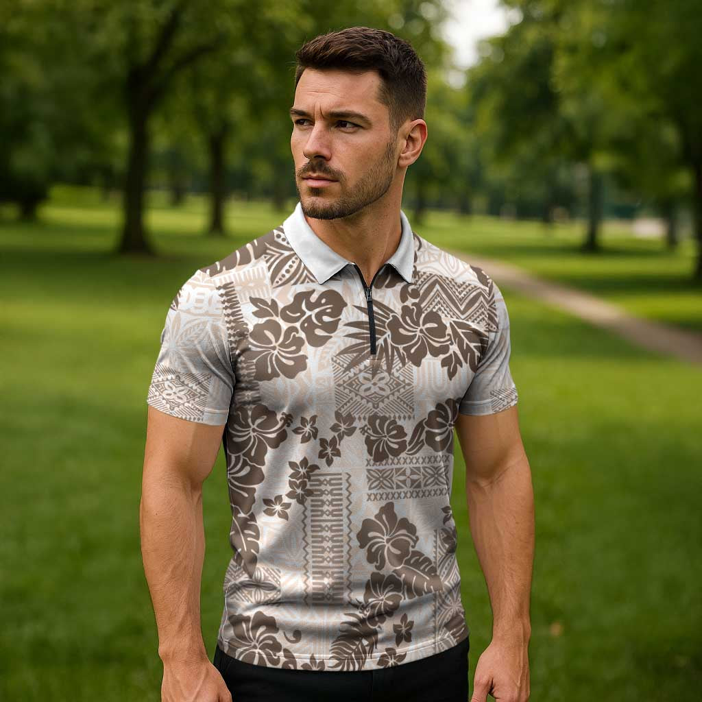 Vintage Hawaii Zipper Polo Shirt Hibiscus Tapa Tribal With Hawaiian Quilt Pattern Gold LT9 - Polynesian Pride