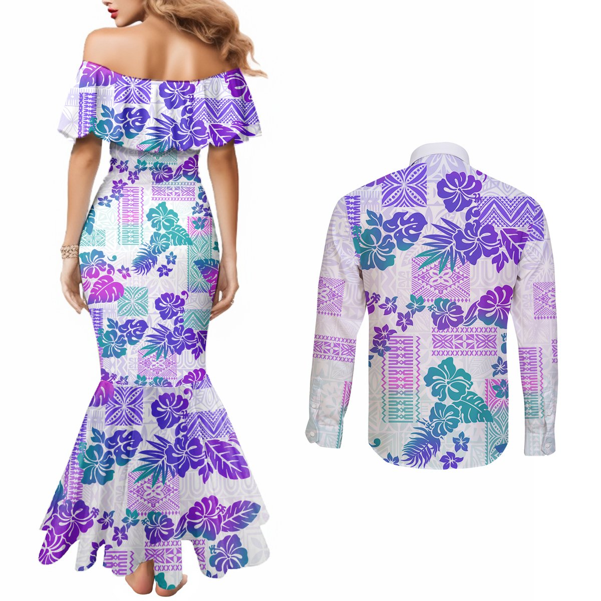 Vintage Hawaii Couples Matching Mermaid Dress and Long Sleeve Button Shirt Hibiscus Tapa Tribal With Hawaiian Quilt Pattern Purple LT9 - Polynesian Pride
