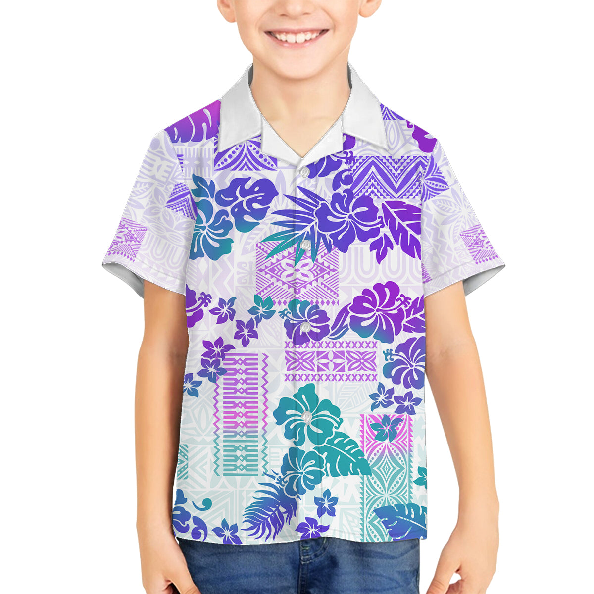 Vintage Hawaii Family Matching Off Shoulder Maxi Dress and Hawaiian Shirt Hibiscus Tapa Tribal With Hawaiian Quilt Pattern Purple LT9 Son's Shirt Purple - Polynesian Pride